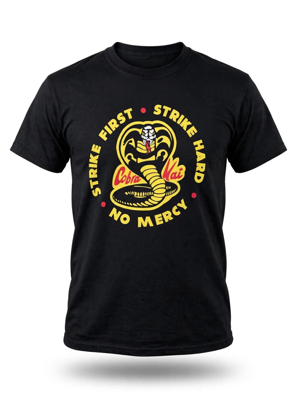 Cobra Kai T-Shirt Mens Black Strike First Strike Hard No Mercy Graphic Tee